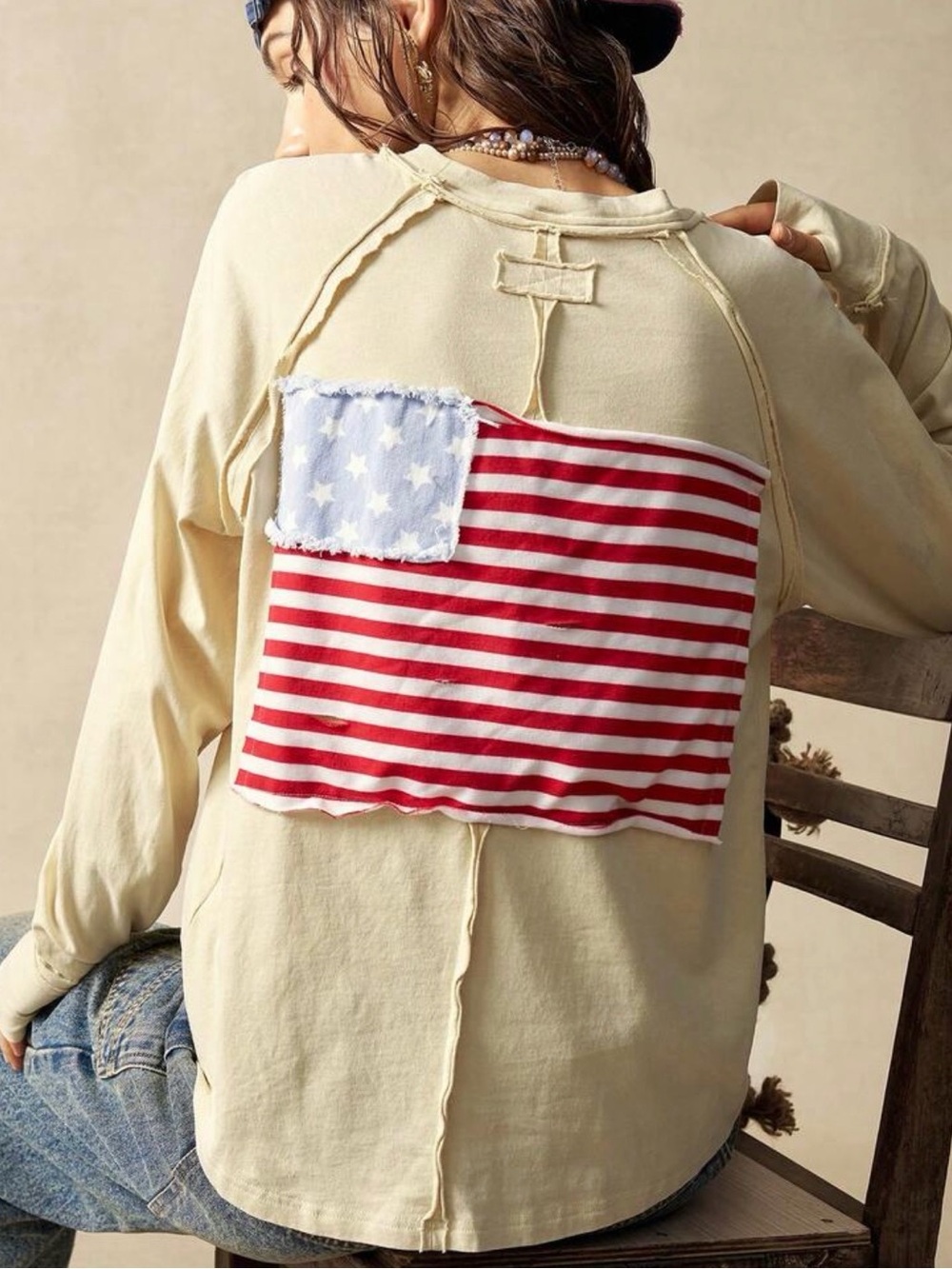 Long sleeve American flag patch work top